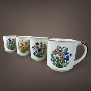 Stoneware Floral Coffee Mugs Set of 4 Vintage Cottage Lake Cups 1970s 1980s